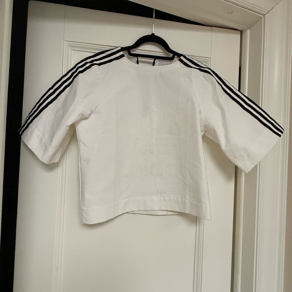adidas woman’s White Top with Black Stripes - Picture 1 of 3